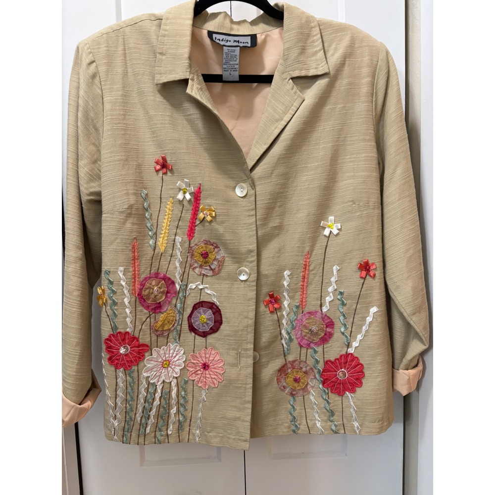 Indigo Moon Floral Embroidered Blazer Jacket Tan Beige 3D Ribbon Art Large